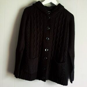 TRUE ROCK Black Hooded Button Front Cableknit Sweater L